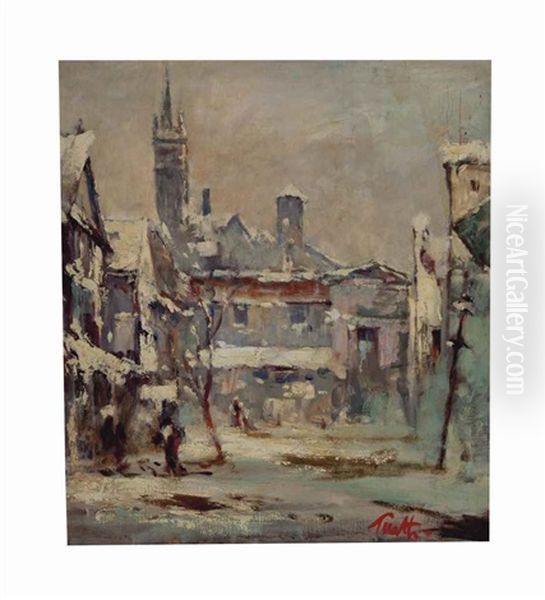 By The Chez Paree, Winter Oil Painting by Arnold Turtle