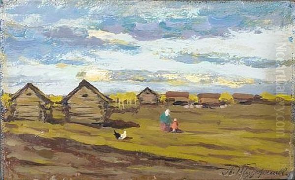 Family Scene Before The Huts Oil Painting by Leonard (Leonid) Viktorovich Turzhansky