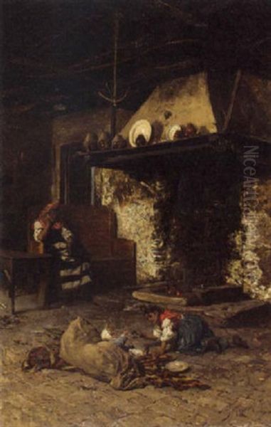 Playing With The Baby Oil Painting by Ramon Tusquets Maignon