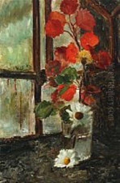 Still Life With Flowers In Glass Vase By A Window Oil Painting by Nicoline Tuxen