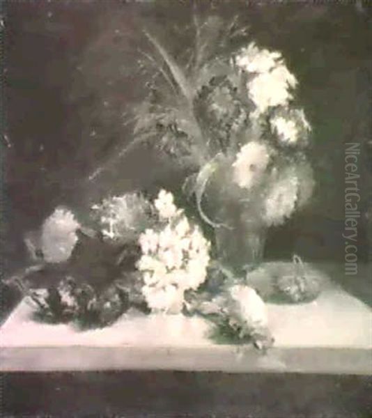 Efterarsblomster. Opstilling Med Flox Og Asters Pa En Karm Oil Painting by Nicoline Tuxen