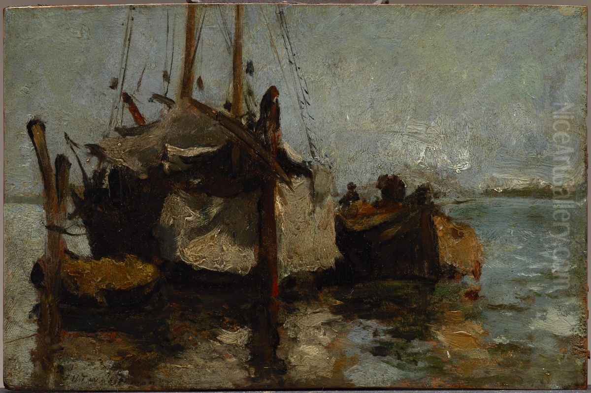 Boats In Harbor Oil Painting by John Henry Twachtman