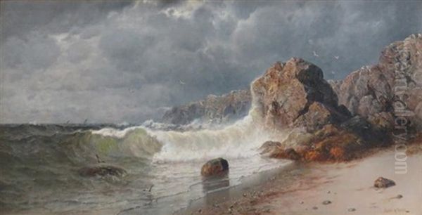 Waves Crashing Onto A Rocky Shore Oil Painting by James Gale Tyler