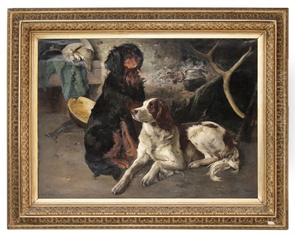 Gordon Setter Og Engelsk Setter Ved En Grue Oil Painting by Karl Kristian Uchermann