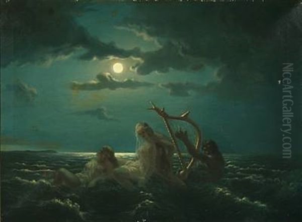 Merman Playing For Nymphs Oil Painting by Harald Theodor Udden