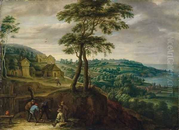 Landschaftsgemalde Mit Einem Weiten Blick Uber Hugel Bis Zu Einer Bucht, Im Vordergrund Eine Gruppe Von Bauern Beim Kugelspiel Oil Painting by Lucas van Uhden