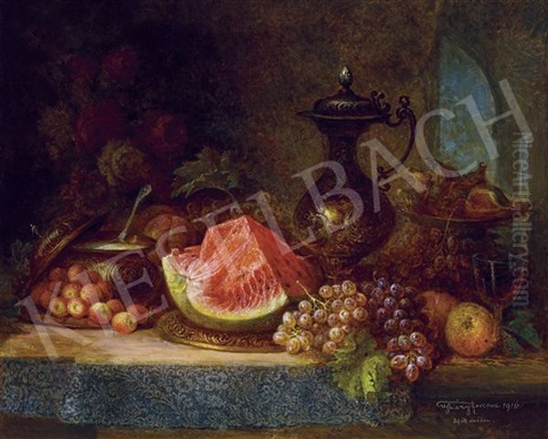 Still-life With Grapes, Fruits And Wine Jug Oil Painting by Ferenc Ujhazy