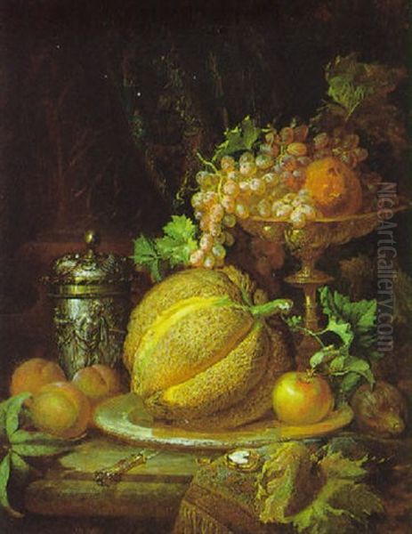 Stilleben Mit Obst Und Silber Oil Painting by Ferenc Ujhazy
