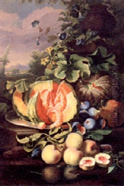 Peaches, Melons And Figs On A Ledge In A Landscape Oil Painting by Ferenc Ujhazy