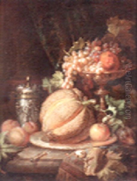 Still Life With Fruit And A Silver Urn Oil Painting by Ferenc Ujhazy