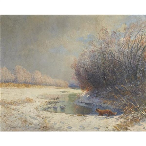 Snowy Landscape With Fox Oil Painting by Ignac Ujvary