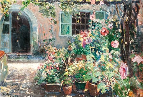 Flowery Courtyard Oil Painting by Ignac Ujvary