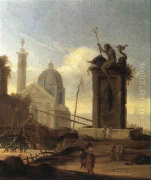 Sudlicher Hafen Mit Einem Steinernen Neptunsbrunnen Und     Einem Prunkvollen Segelschiff Oil Painting by Jacob Van Der Ulft