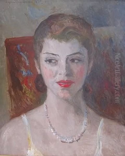 Shoulders-up Portrait Of A Woman Wearing Pearls Oil Painting by Eugene Paul Ullman