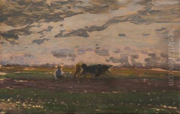 Landscape With A Ploughman Oil Painting by Josef Ullmann