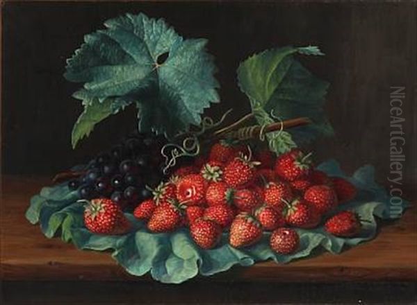 Strawberries And Blue Grapes On A Rhubarb Leaf Oil Painting by E.C. (Emil C.) Ulnitz