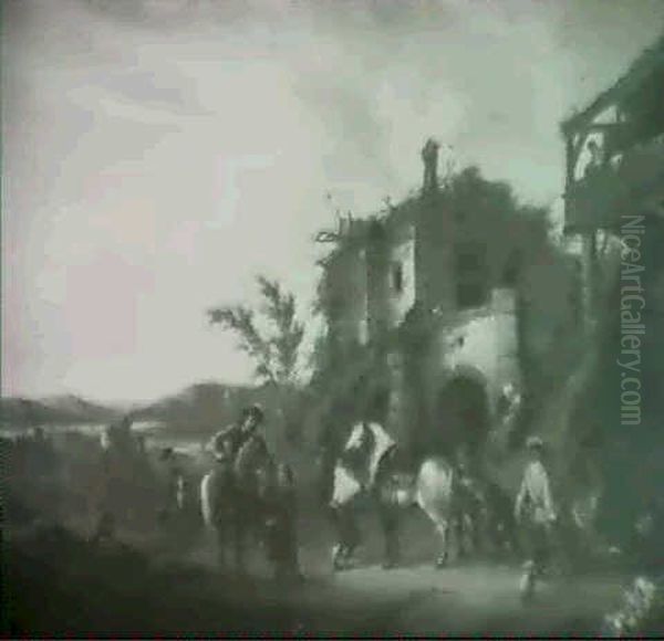 Horsemen At A Blacksmith's Forge Oil Painting by Friedrich Ulrich