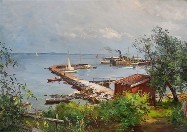 Ferry By Asgardstrand Quay Oil Painting by Even Ulving