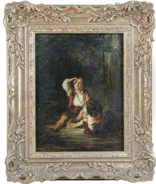 Two Boys Fishing; And Two Boys Eating Cherries (pair) Oil Painting by William Underhill