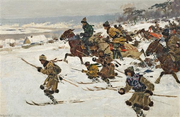 Auf Skiern Und Pferden Sturmende Jager Oil Painting by Hugo Ungewitter
