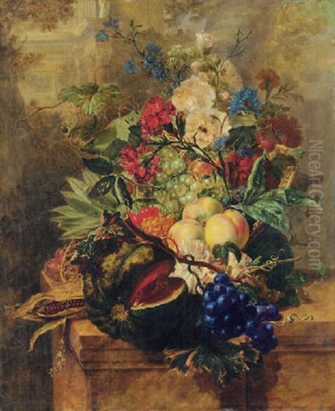 A Melon, Peaches, Grapes, Cherries And Berries With Carnations And Other Flowers In A Basket On A Ledge, A Classical Building Beyond Oil Painting by Harmanus Uppink