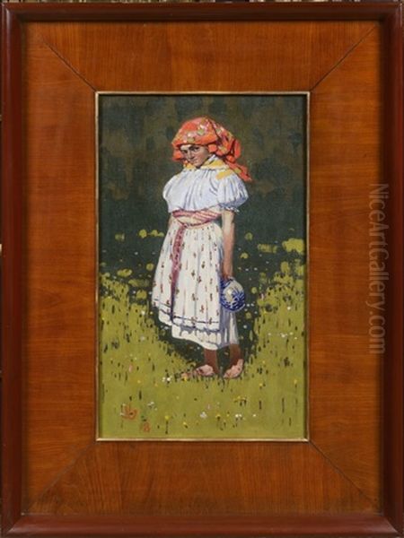A Girl In Folk Costume Oil Painting by Joza Uprka