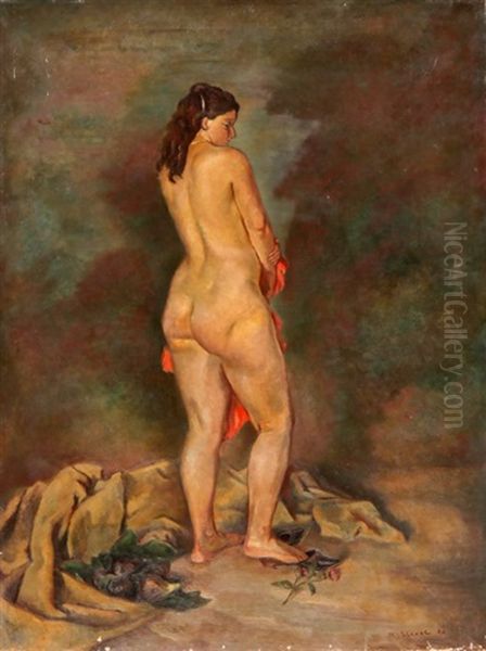 Stehender Weiblicher Ruckenakt Mit Rotem Tuch Oil Painting by Rudolph Urech