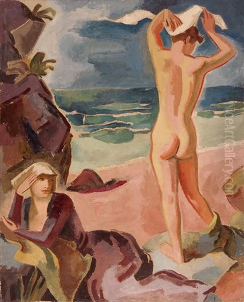 Stilisierter Stehender Ruckenakt Und Sitzende Am Strand Oil Painting by Rudolph Urech