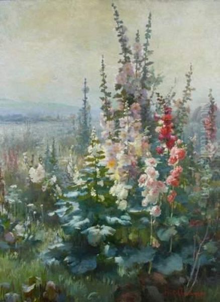 Roses Tremieres Oil Painting by Claudia Bret-Charbonnier