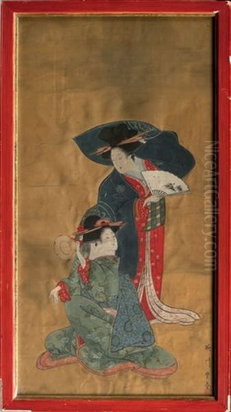 Deux Bijins Dans Un Interieur (kakemono-e) Oil Painting by  Toyoharu