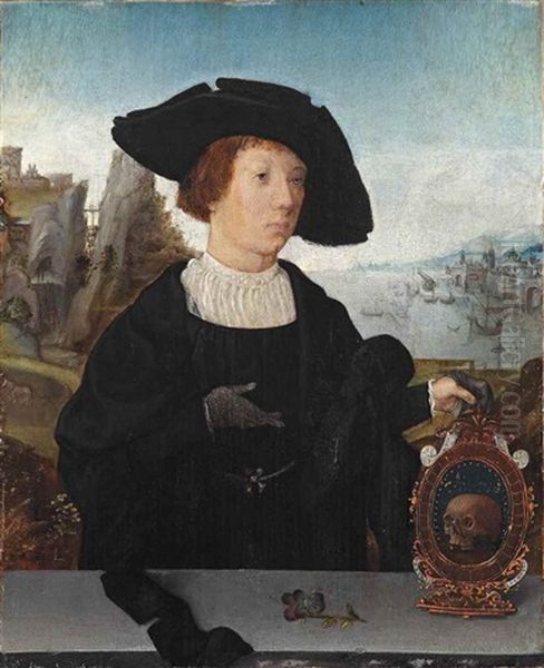 Portrait Of A Young Man, Half-length, With A Black Hat Behind A Ledge Holding A Memento Mori, A Mountainous Landscape With A Port Beyond Oil Painting by Jacob van Utrecht