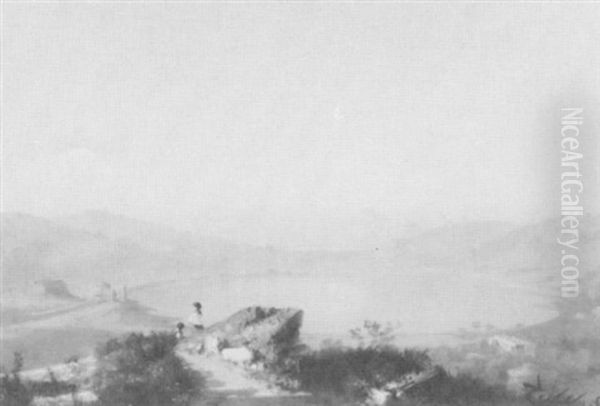 Peasants Resting By A Lake On The Neapolitan Shore; And     Figures And A Horse An Cart On The Neapolitan Coast (2) Oil Painting by Cesare Uva