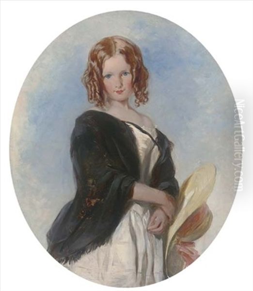 Portrait Of A Young Girl, Three-quarter-length, In A White Dress Holding A Summer Hat Oil Painting by Thomas Uwins