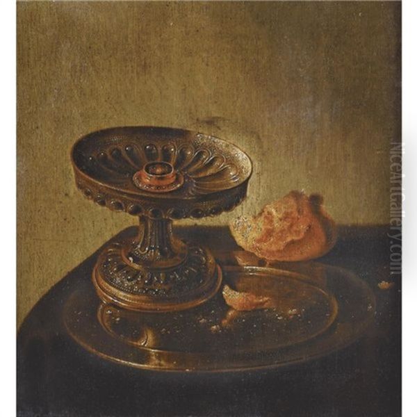 Still Life With A Tazza And Bread Roll On A Pewter Plate On A Adraped Ledge Oil Painting by Jan Jansz Uyl the Elder