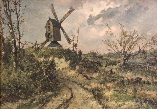 A Landscape With A Windmill Oil Painting by Emile Adelard Breton