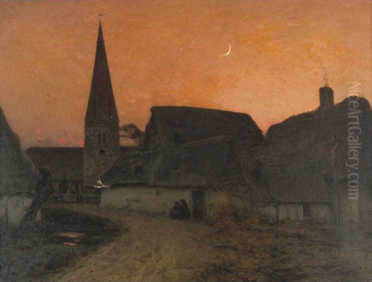Village At Dusk Oil Painting by Emile Adelard Breton