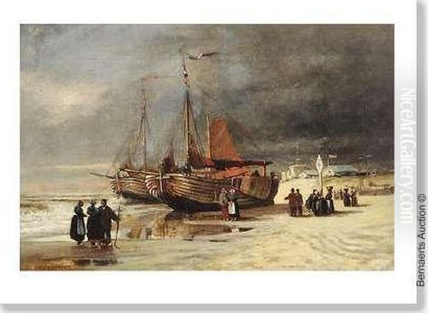 'le Retour Des Pecheurs Avant La Tempete' Toile. Oil Painting by Emile Adelard Breton