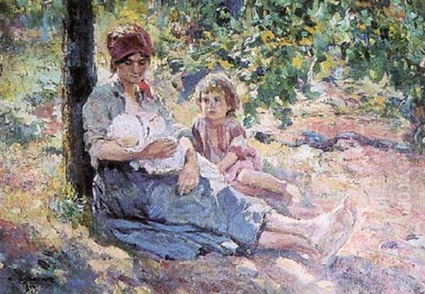 Mere Et Enfants Dans Un Parc Oil Painting by Alfredo Vaccari