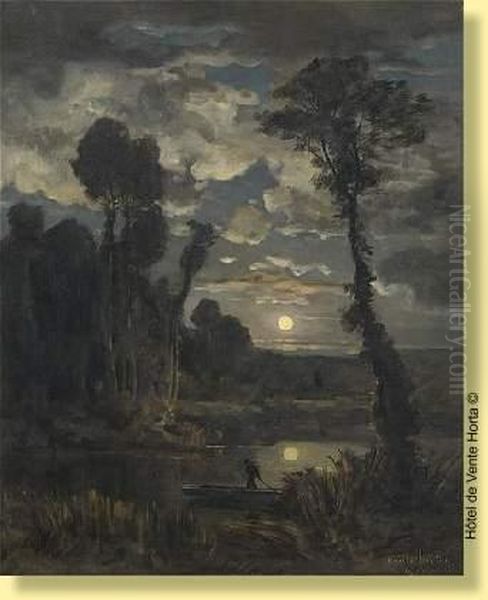 Pecheur Au Lever De Lune Oil Painting by Emile Adelard Breton