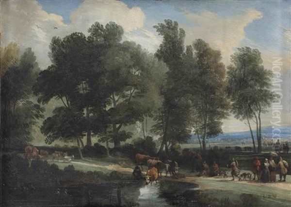 A View Of 'foret De Soignes' With A Cow Herder Watering His Cattle, A Huntsman And Other Travellers On A Sandy Path Oil Painting by Lodewijk De Vadder