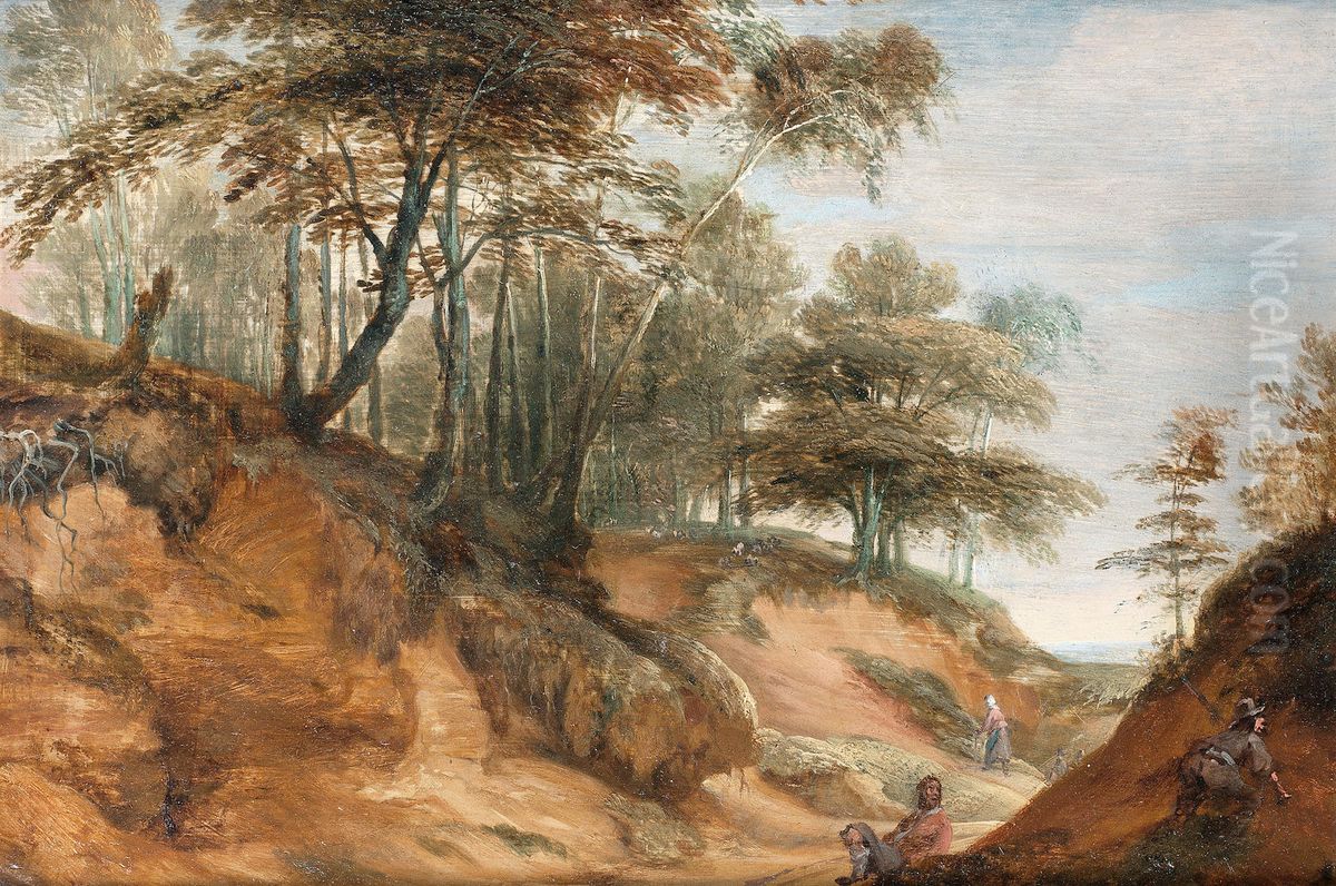 A Wooded Landscape With Figures Resting Beside A Country Path Oil Painting by Lodewijk De Vadder