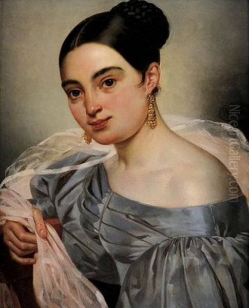 Portrait De Jeune Femme Au Voile Rose Oil Painting by Pierre Antoine Augustin Vafflard