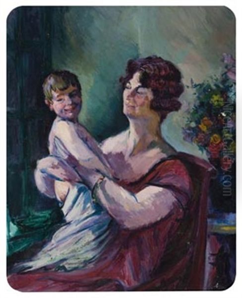 Jean-claude Edde Et Sa Mere Wanda Mignard Oil Painting by Jacques Gaston Emile Vaillant