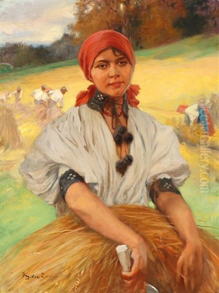 Hungarian Harvest Scene With A Young Girl Oil Painting by Sigmund Vajda