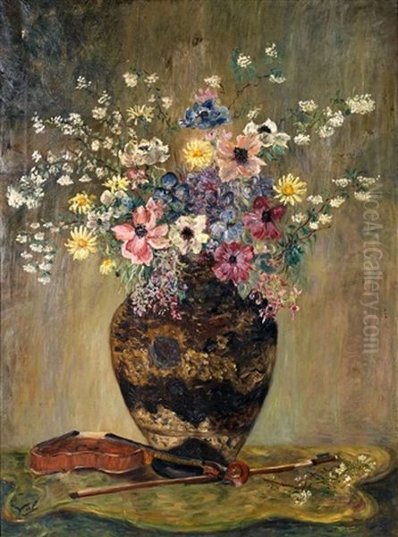 Bouquet De Fleurs Au Violon Oil Painting by Valentine Synave Nicolaud (Fray) Val