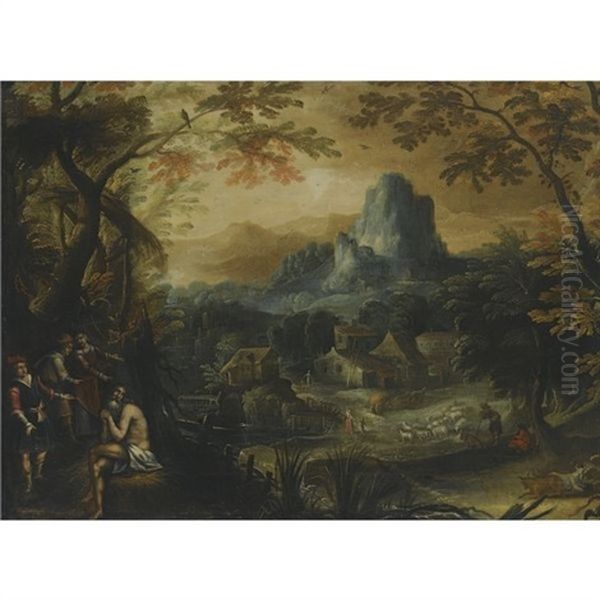 A Mountainous Landscape With Job Being Mocked By The People Of The Town Oil Painting by Frederick van Valckenborch