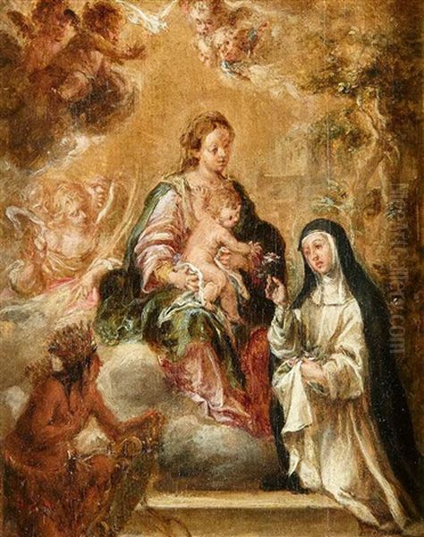 Vision De Santa Rosa De Lima Con La Virgen Y El Nino E Indio Venerandola Junto Al Blason De La Ciudad De Lima Oil Painting by Juan De Valdes Leal