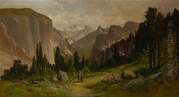 An Ahwahneechee Man And Woman In The Yosemite Valley Oil Painting by Manuel Valencia
