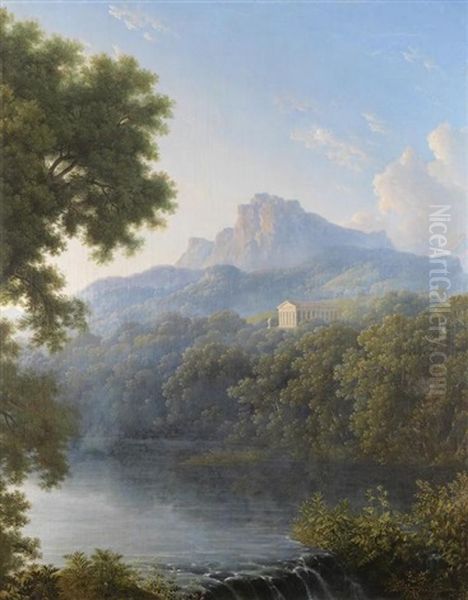 An Italianate Landscape With A Classical Temple Overlooking A Lake Oil Painting by Pierre-Henri de Valenciennes
