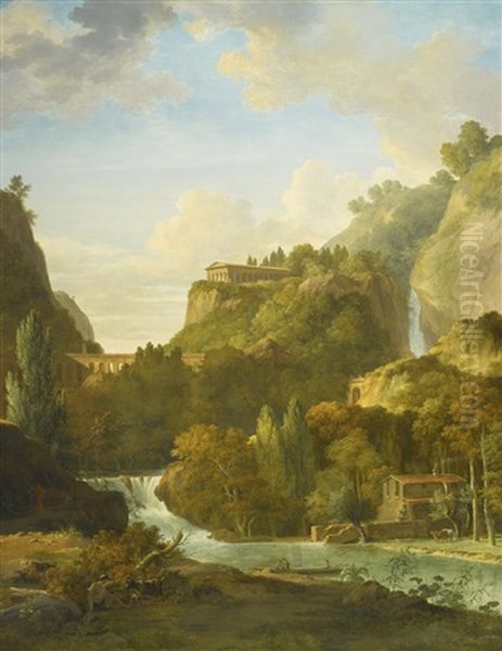 An Arcadian Landscape With A Classical Temple And Aqueduct Oil Painting by Pierre-Henri de Valenciennes